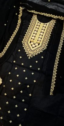 Black With Skin Contrast Fancy Ball Work Embroiderd 3pc Cotton Stuff Dress With Chifoon Dupatta