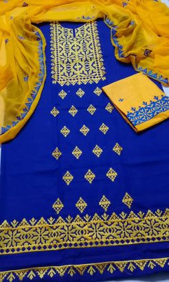 Royal Blue With Yellow Contrast Fancy Computer Applique 3pc Dress